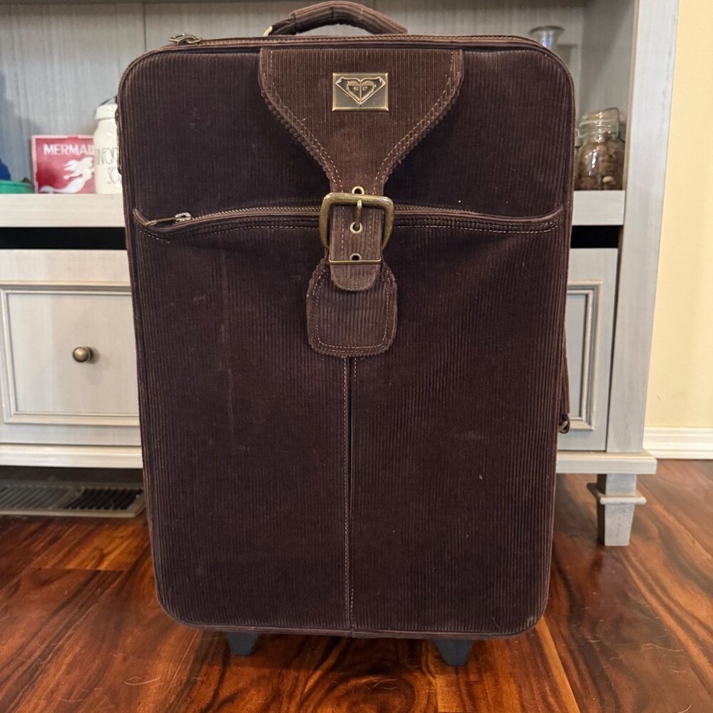 VTG Y2K ROXY Brown Corduroy Rolling Suitcase With Buckle Detail Zippers